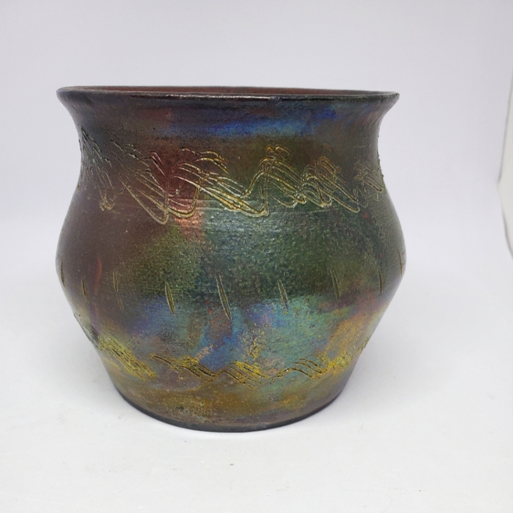 Raku Style Pottery 4 1/2"  Planter - Signed "Erin '01" Pre-Owned